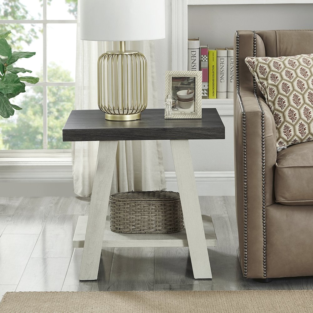 Athens Contemporary Two-Tone Wood Shelf End Table in Weathered Charcoal/Beige. Picture 2