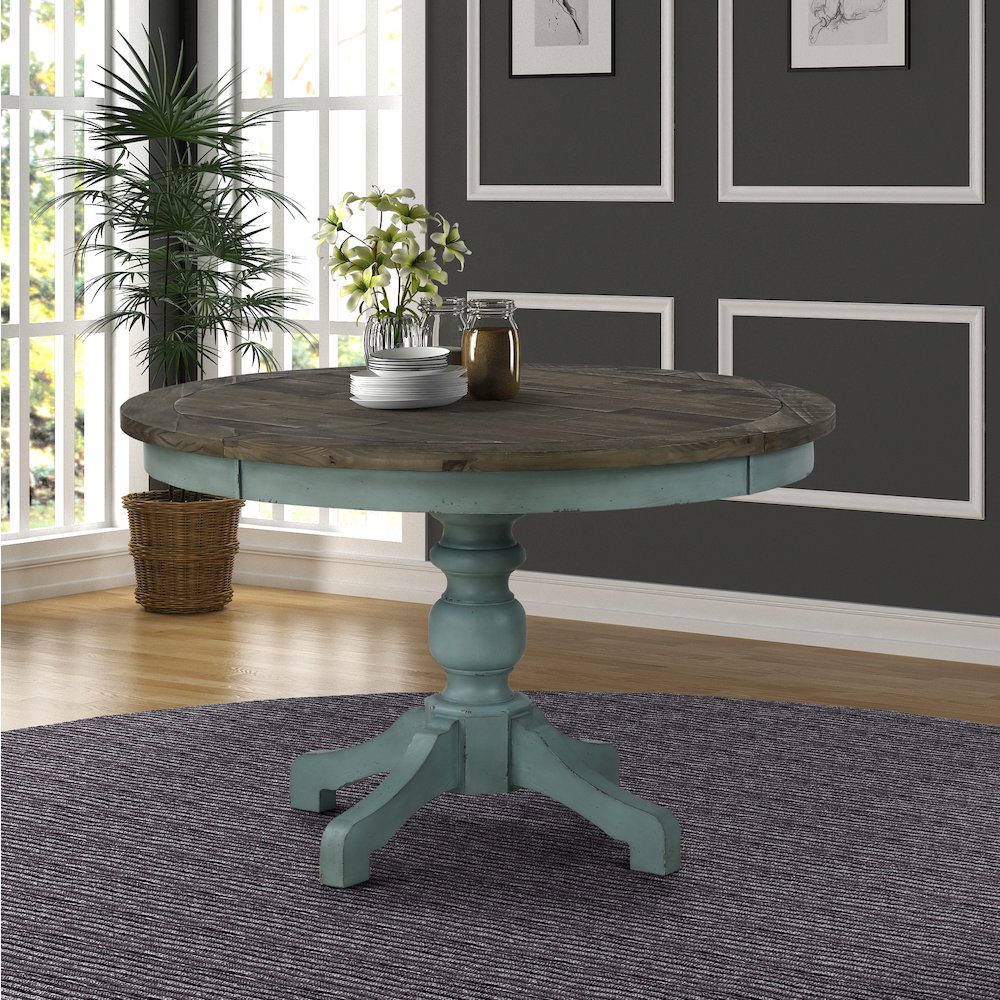 Prato Round Blue and Brown Two-Tone Finish Wood Dining Table. Picture 2