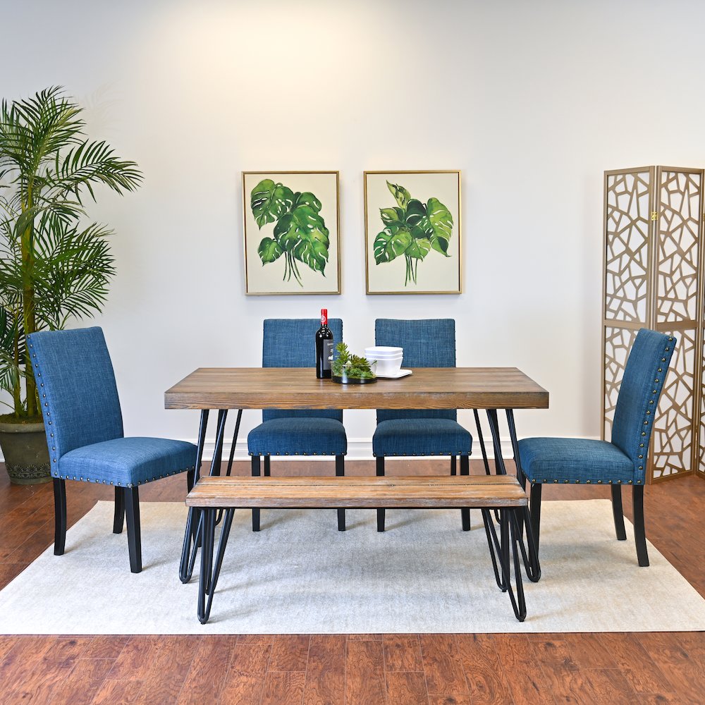 Amisos 6-Pc Dining Set, Hairpin Dining Table with 4 Chairs and Wood Bench, Blue. Picture 3