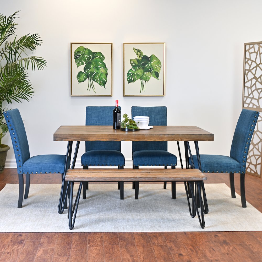 Amisos 6-Pc Dining Set, Hairpin Dining Table with 4 Chairs and Wood Bench, Blue. Picture 2