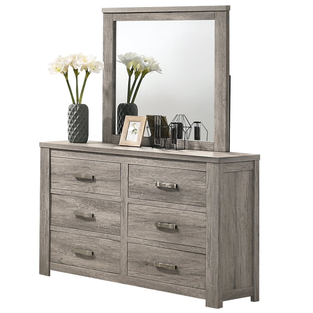 Floren Contemporary Weathered Gray Wood 6-Drawer Dresser with Mirror. Picture 1