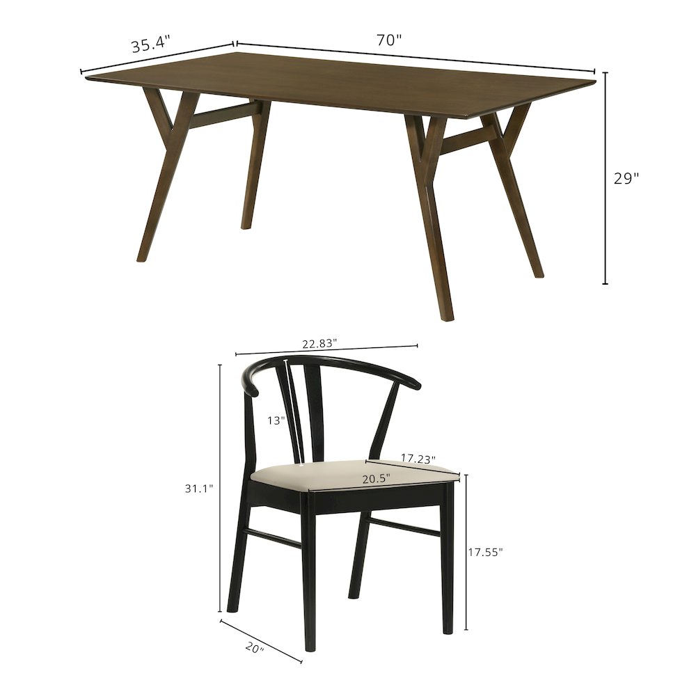 5-Piece Dining Set, Walnut Finished Dining Table with 4 Black Wishbone Chairs. Picture 16