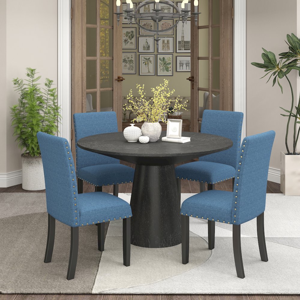 Nuevo 5-Piece Round Dining Set, Pedestal Dining Table with 4 Chairs, Blue. Picture 2