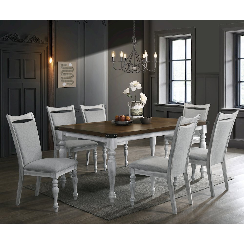 Salines 7 Piece Dining Table Set with 6 Upholstered Chairs, Rustic White and Oak. Picture 2