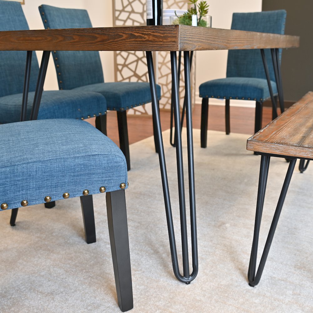 Amisos 6-Pc Dining Set, Hairpin Dining Table with 4 Chairs and Wood Bench, Blue. Picture 5