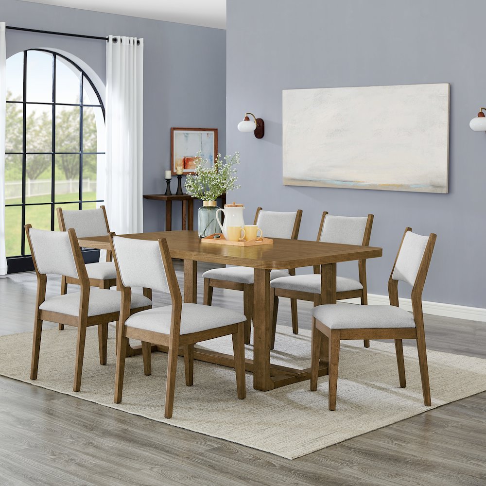 Parker 7-Piece Dining Set, Trestle Dining Table with 6 Stylish Chairs, Light Oak. Picture 3