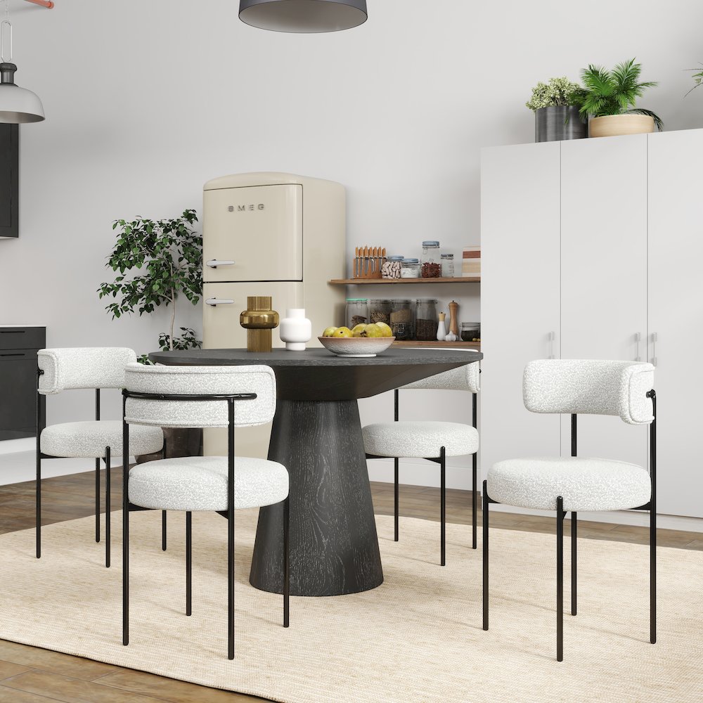 Corff 5-PC Round Pedestal Dining Set, with 4 Boucle Chairs, Black White. Picture 3