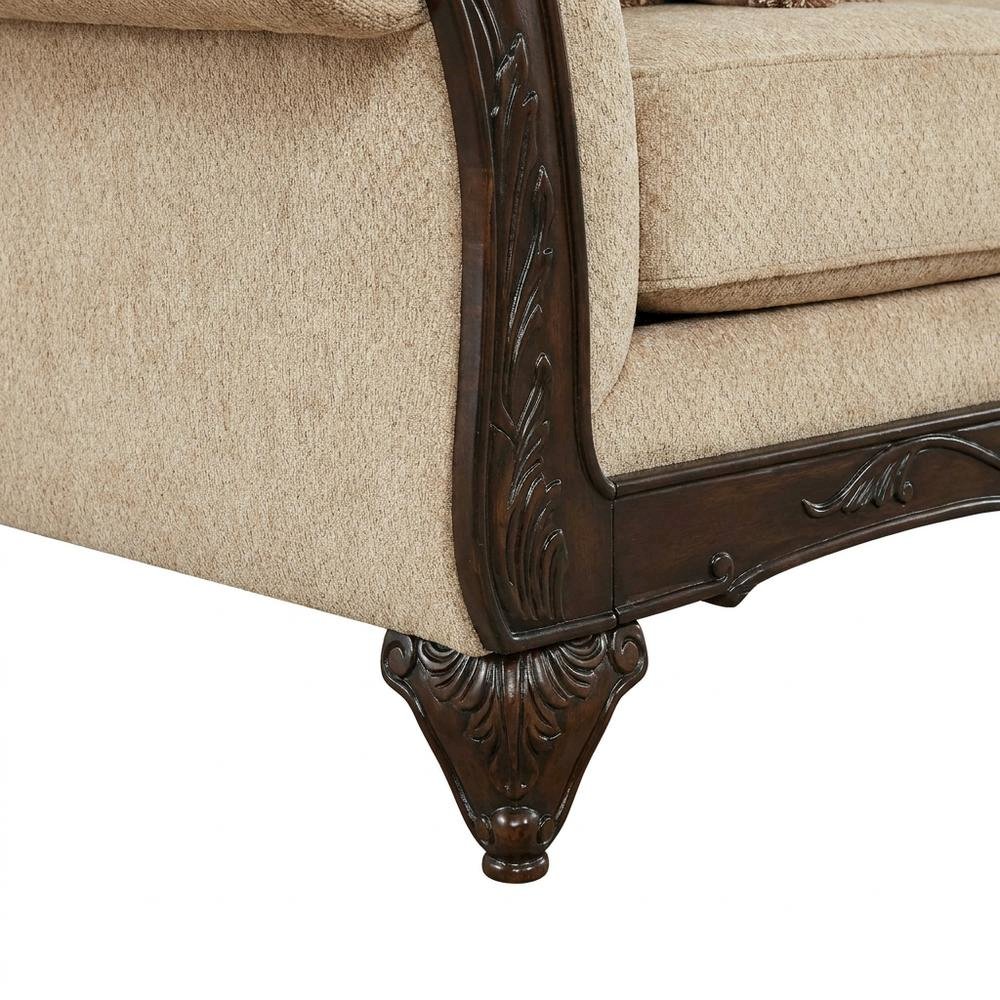Upholstered Wood Frame Sofa with Carved Detail for Living Room, Beige. Picture 7