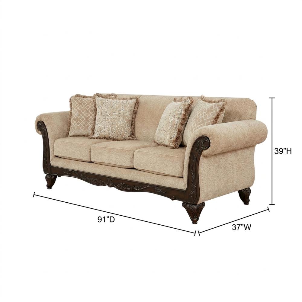 Upholstered Wood Frame Sofa with Carved Detail for Living Room, Beige. Picture 5