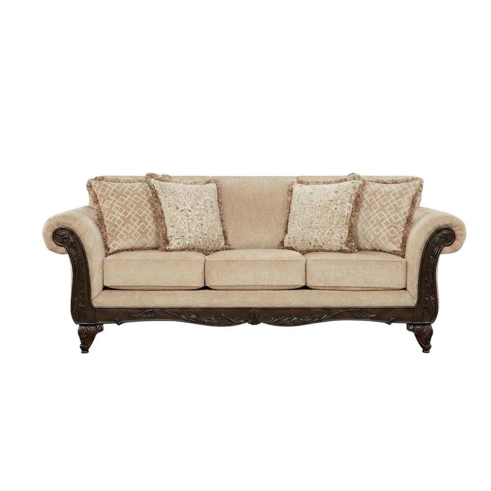 Upholstered Wood Frame Sofa with Carved Detail for Living Room, Beige. Picture 1