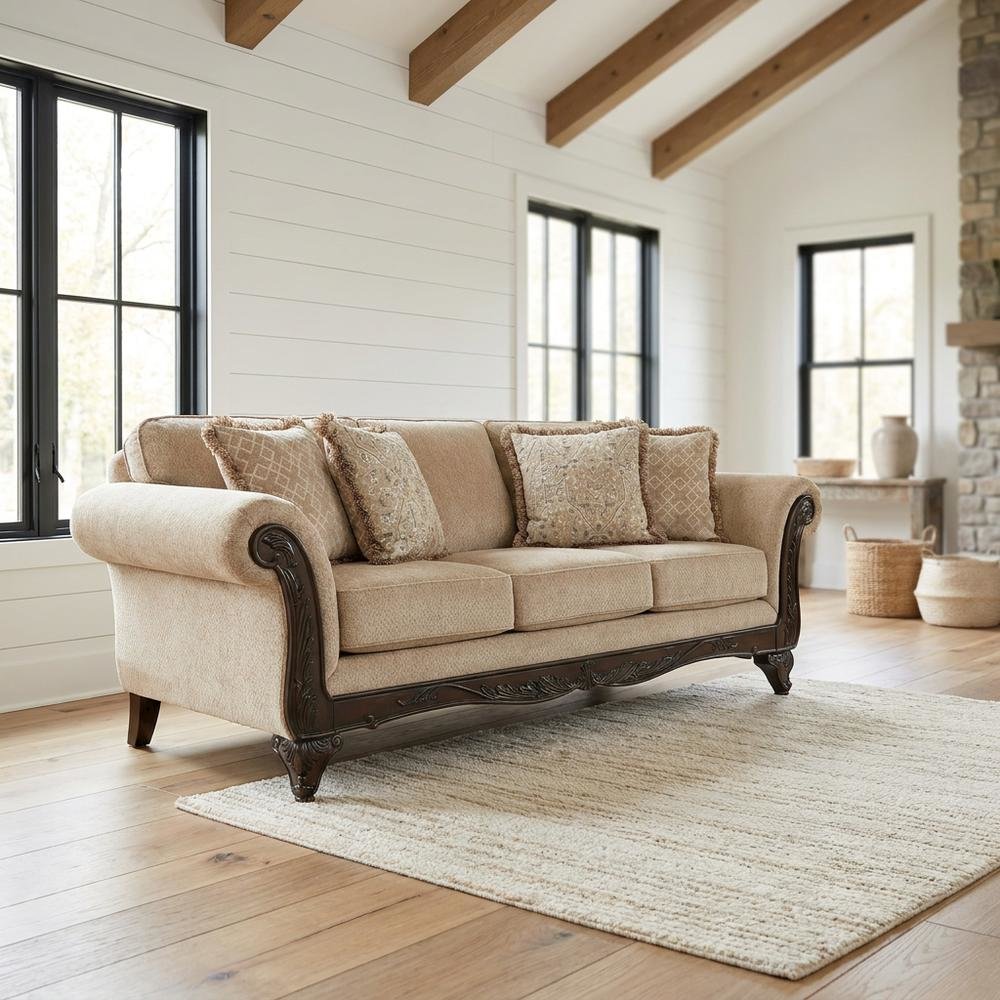 Upholstered Wood Frame Sofa with Carved Detail for Living Room, Beige. Picture 2