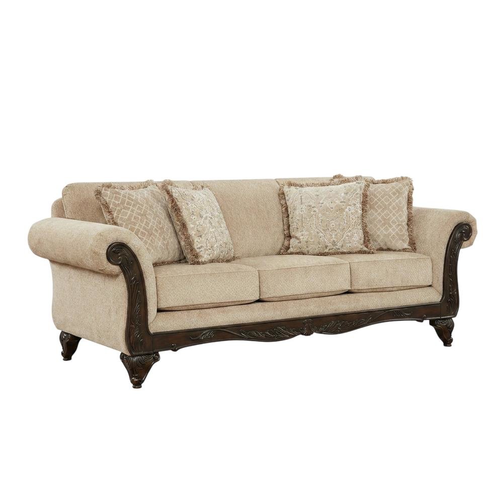 Upholstered Wood Frame Sofa with Carved Detail for Living Room, Beige. Picture 4