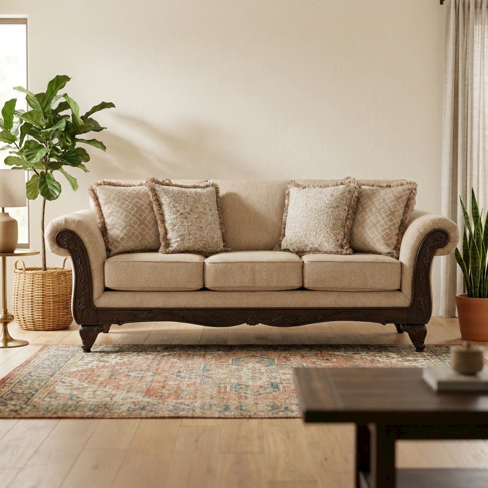 Upholstered Wood Frame Sofa with Carved Detail for Living Room, Beige. Picture 3