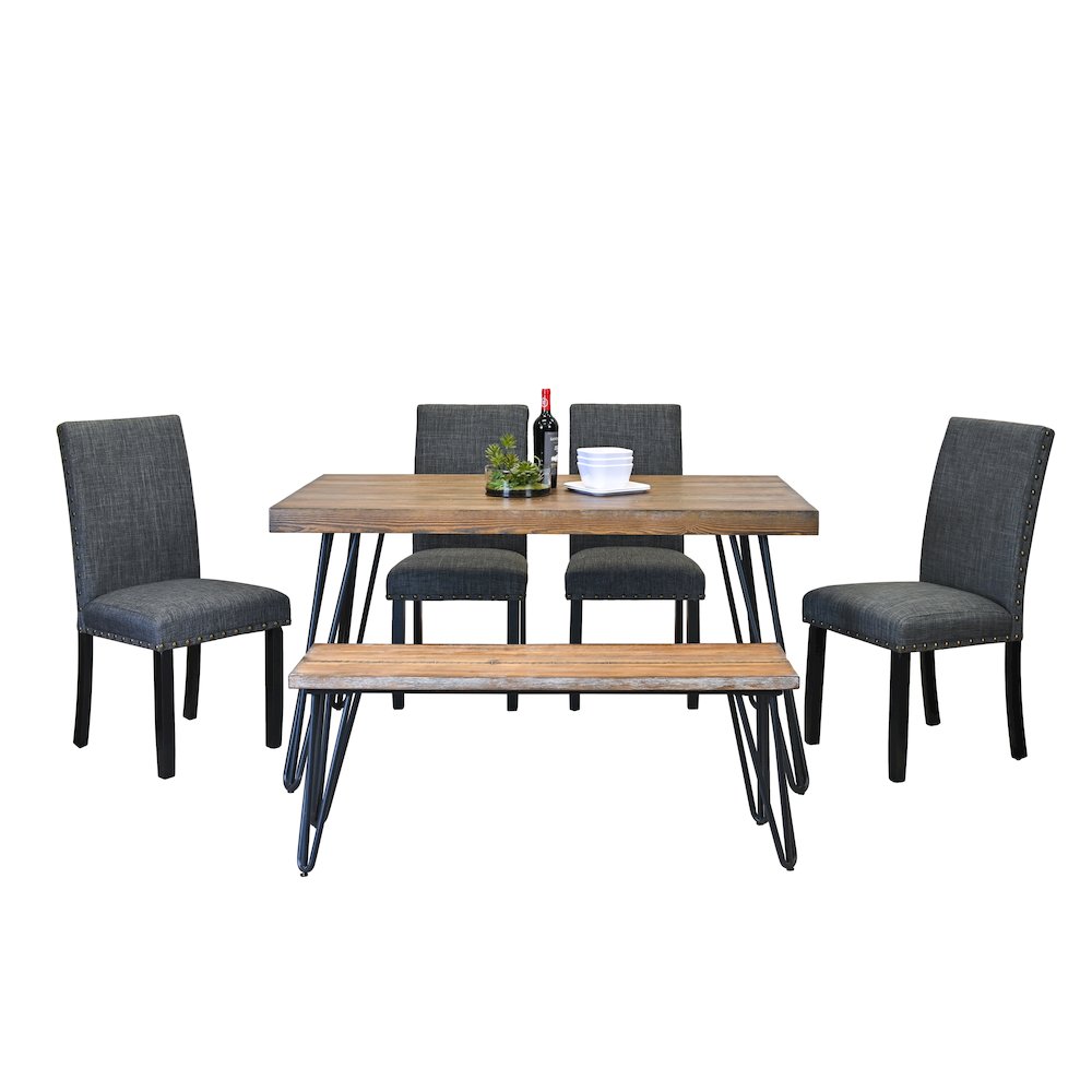 Amisos 6-Pc Dining Set, Hairpin Dining Table with 4 Chairs and  Wood Bench, Gray. Picture 1