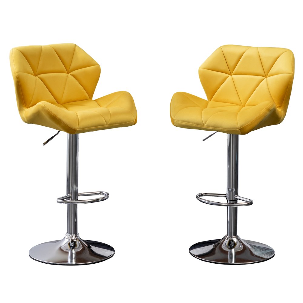 Breni Velvet Diamond Tufted Swivel Adjustable Height Barstool, Set of 2, Yellow. Picture 1