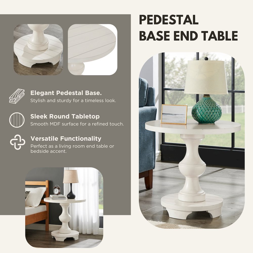 Caesar Traditional Round Pedestal End Table, White. Picture 4