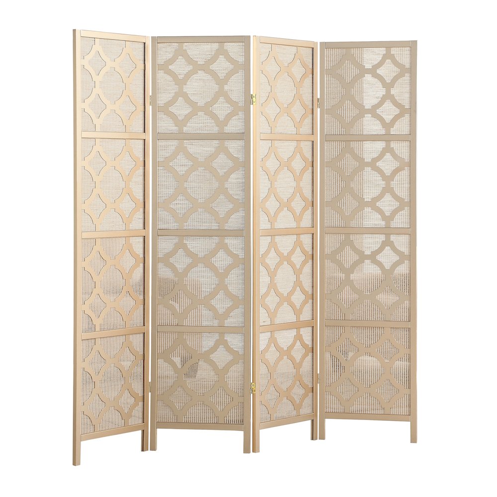 Quarterfoil infused Diamond Design 4-Panel Room Divider, Gold. Picture 1