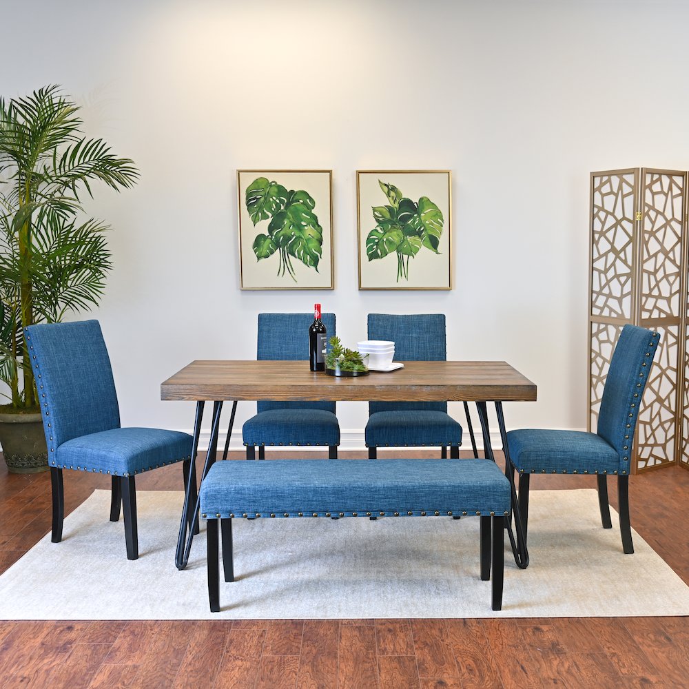 Amisos 6-Pc Dining Set, Hairpin Dining Table with 4 Chairs and Bench, Blue. Picture 2