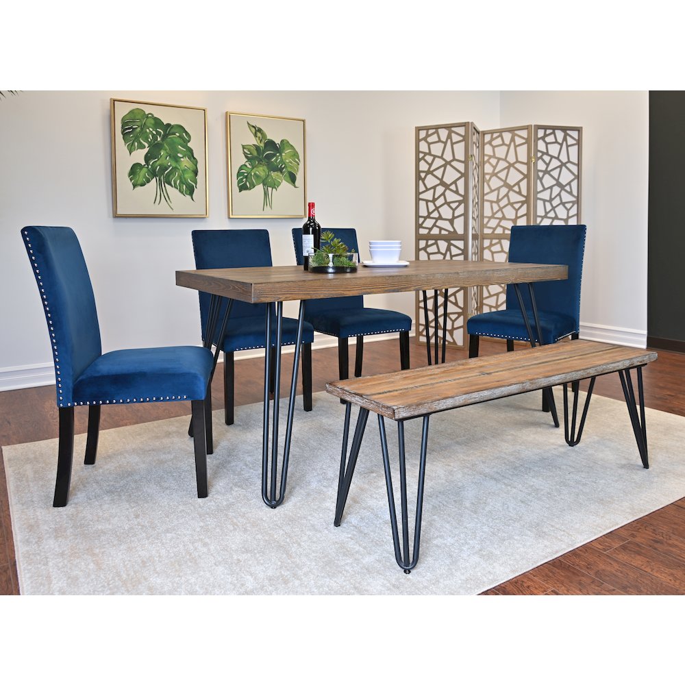 Ashzo 6-Pc Dining Set, Hairpin Dining Table with 4 Chairs and Bench, Blue. Picture 4