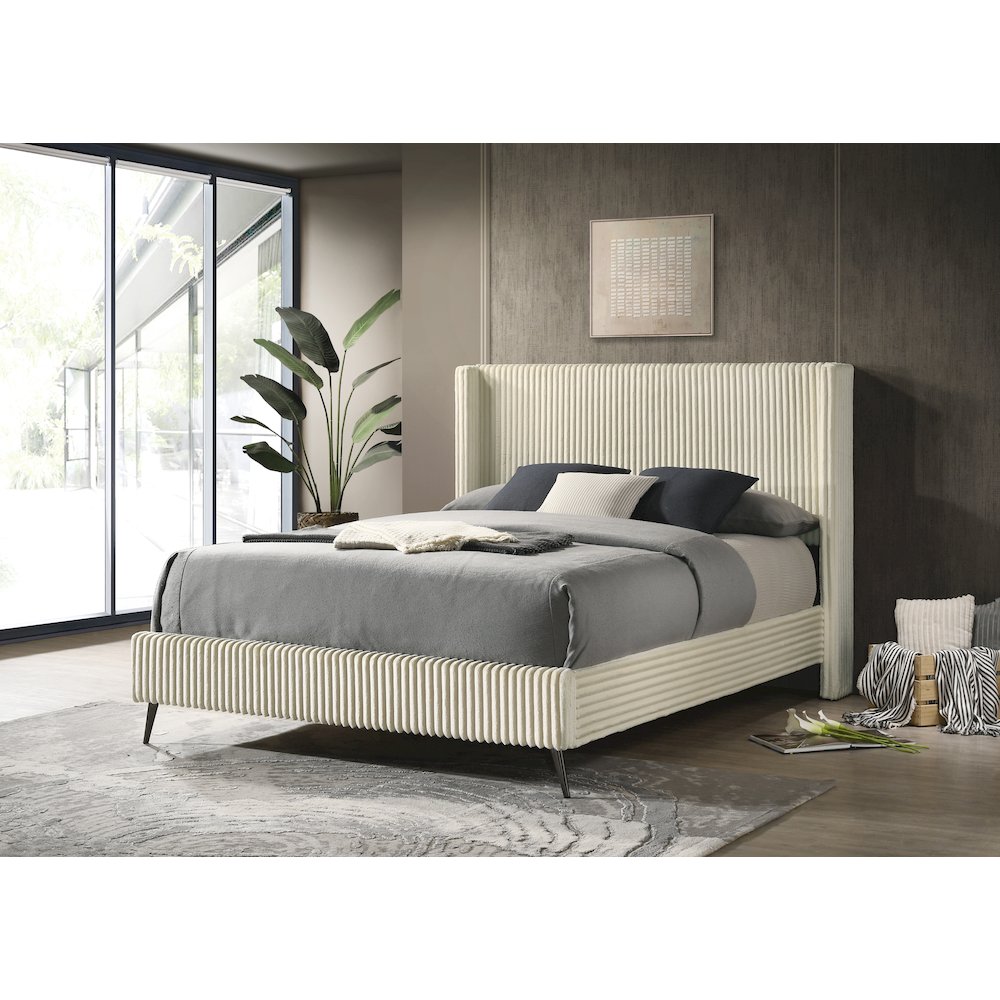 Mavela Wide Wale Corduroy Panel Queen Bed with 2 Nightstands and Bench, Cream. Picture 6