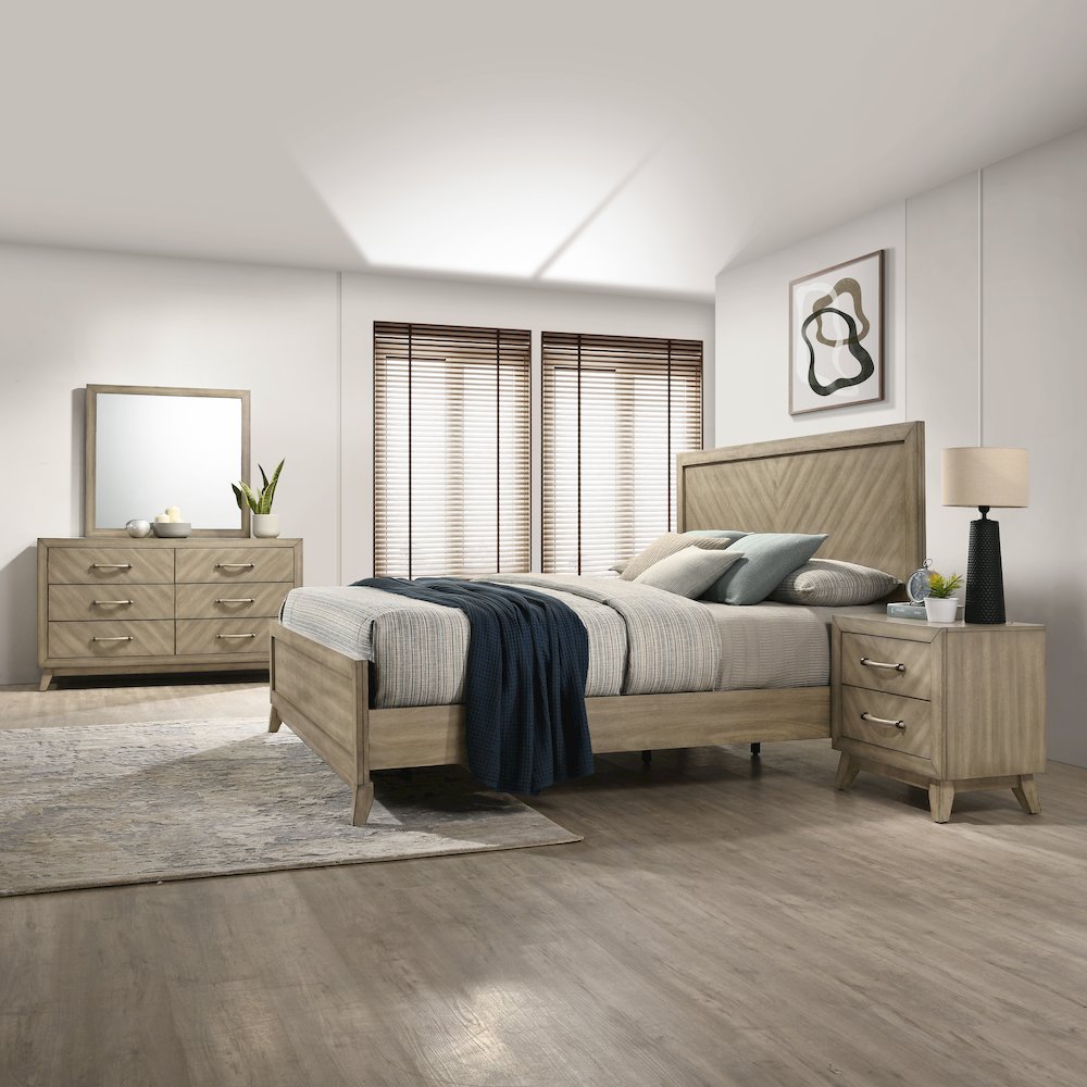 Wood Bedroom Set: Queen Bed, Dresser, Mirror, Nightstand in Weathered Sand. Picture 2