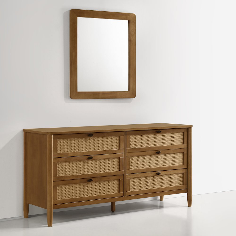 Vichy Wood and Rattan 6-Drawer Dresser with Mirror. Picture 7