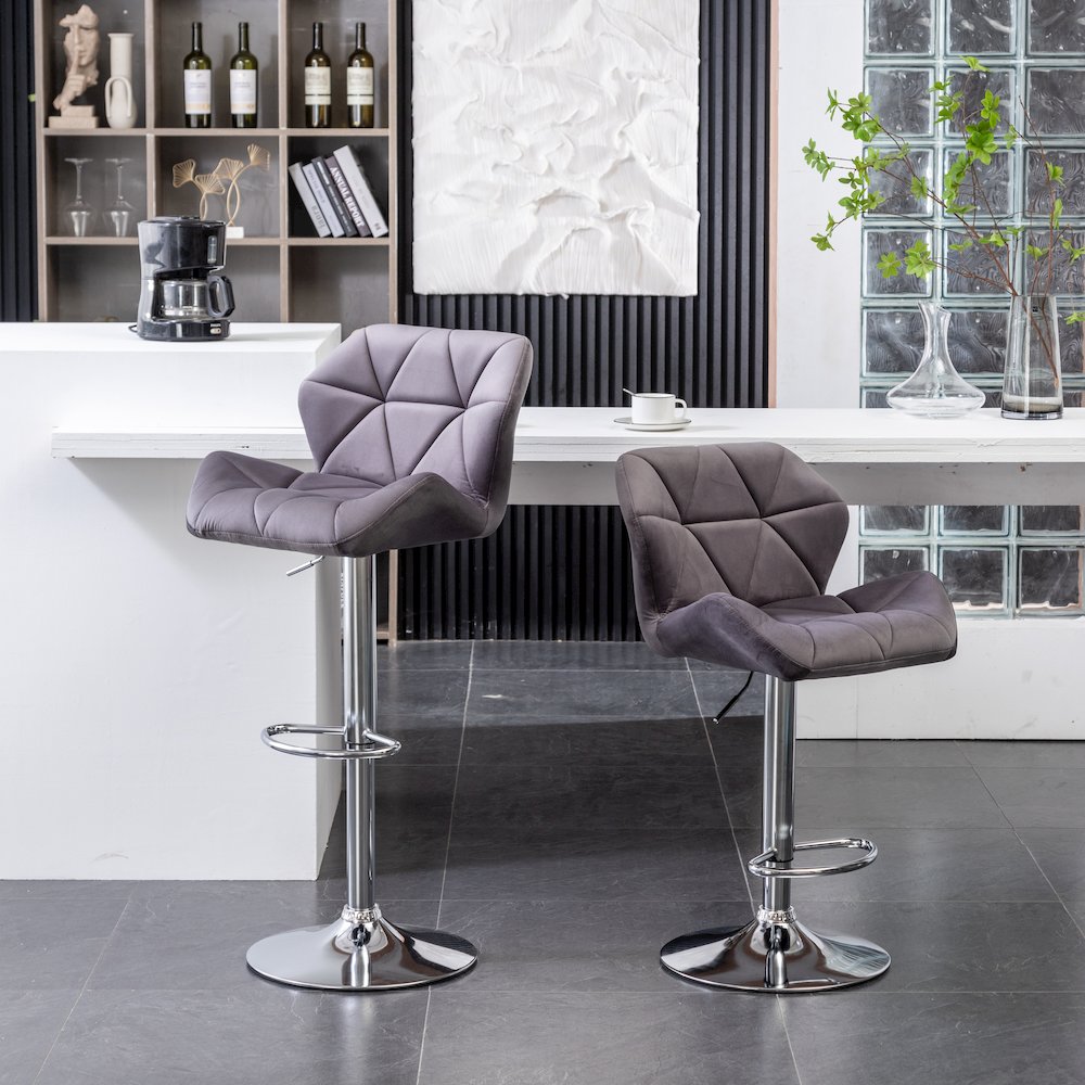 Breni Velvet Diamond Tufted Swivel Adjustable Height Barstool, Set of 2, Gray. Picture 3