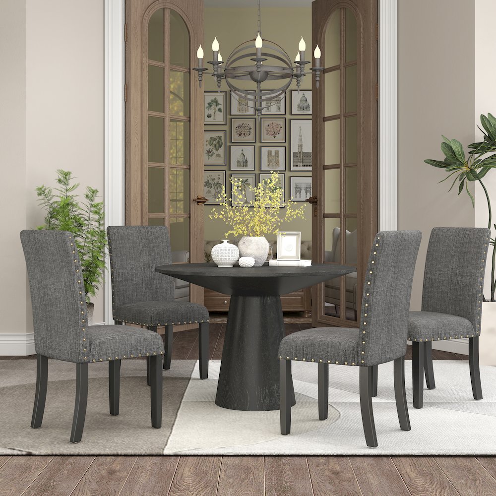 Nuevo 5-Piece Round Dining Set, Pedestal Dining Table with 4 Chairs, Gray. Picture 3