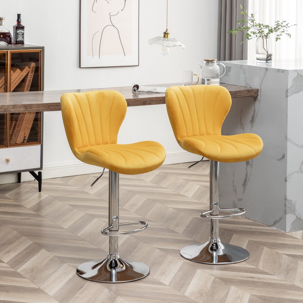 Ellston Upholstered Adjustable Swivel Barstools in Yellow, Set of 2. Picture 4