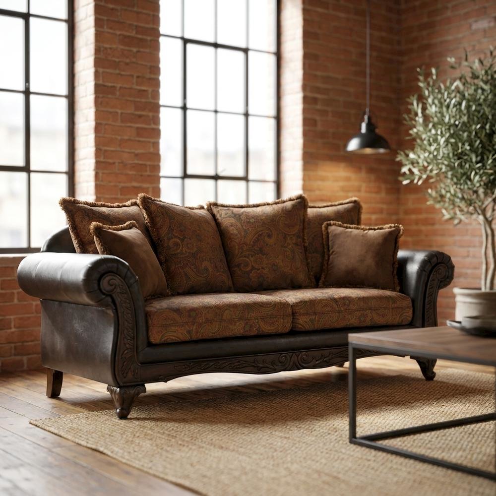 Microfiber Sofa with Solid Wood Frame, Vintage Living Room Couch, Chocolate. Picture 3