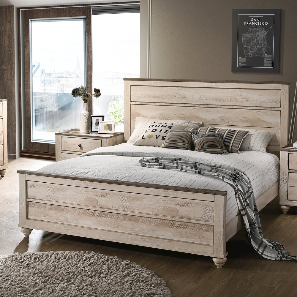 White Wash Finish 3-Piece Bedroom Set-King Bed and Two Nightstands. Picture 4