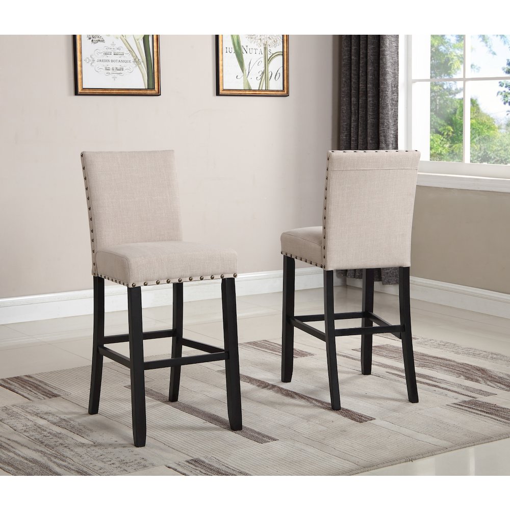 Biony Tan Fabric Bar Stools with Nailhead Trim, Set of 2. Picture 2