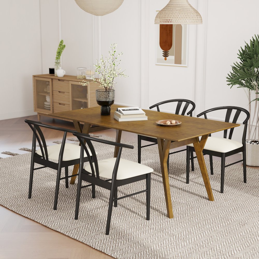 5-Piece Dining Set, Walnut Finished Dining Table with 4 Black Wishbone Chairs. Picture 5