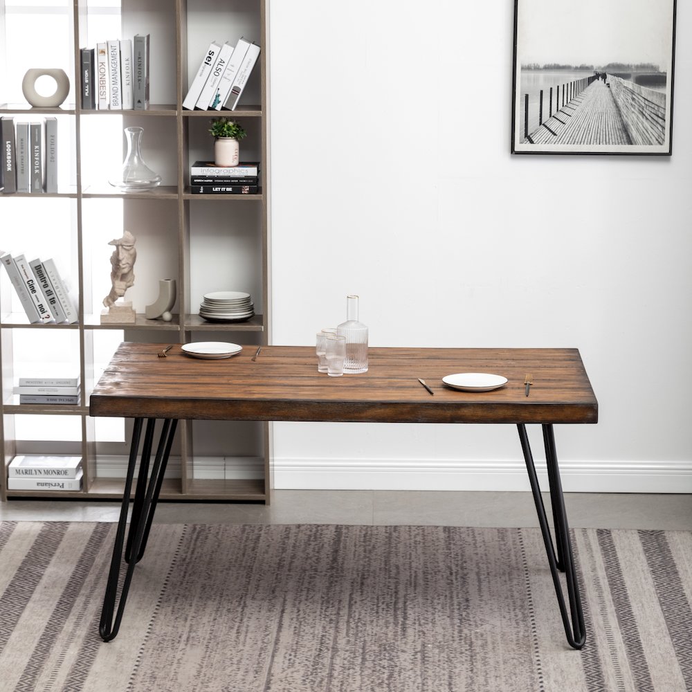 Aryven Industrial Metal Hairpin Design Dining Table, Rustic Dark Pine. Picture 3