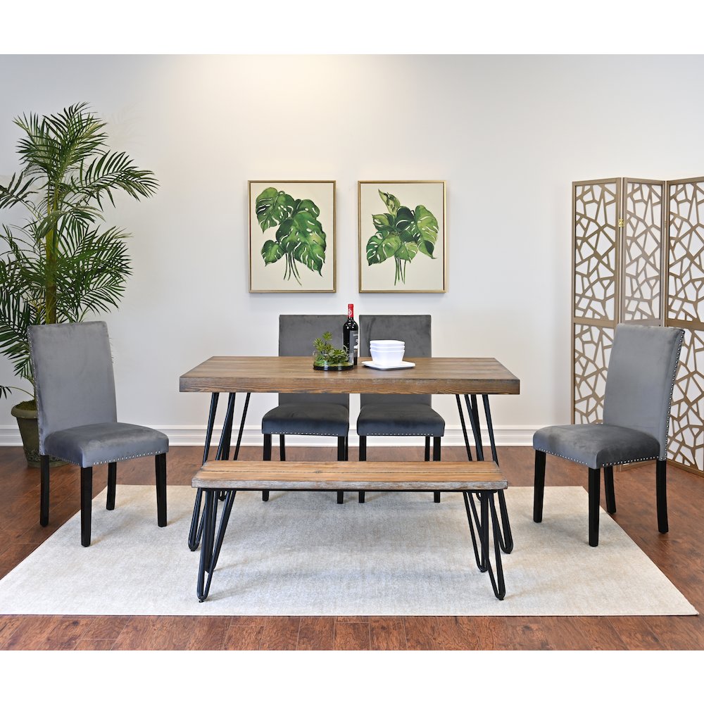 Ashzo 6-Pc Dining Set, Hairpin Dining Table with 4 Chairs and Bench, Gray. Picture 2