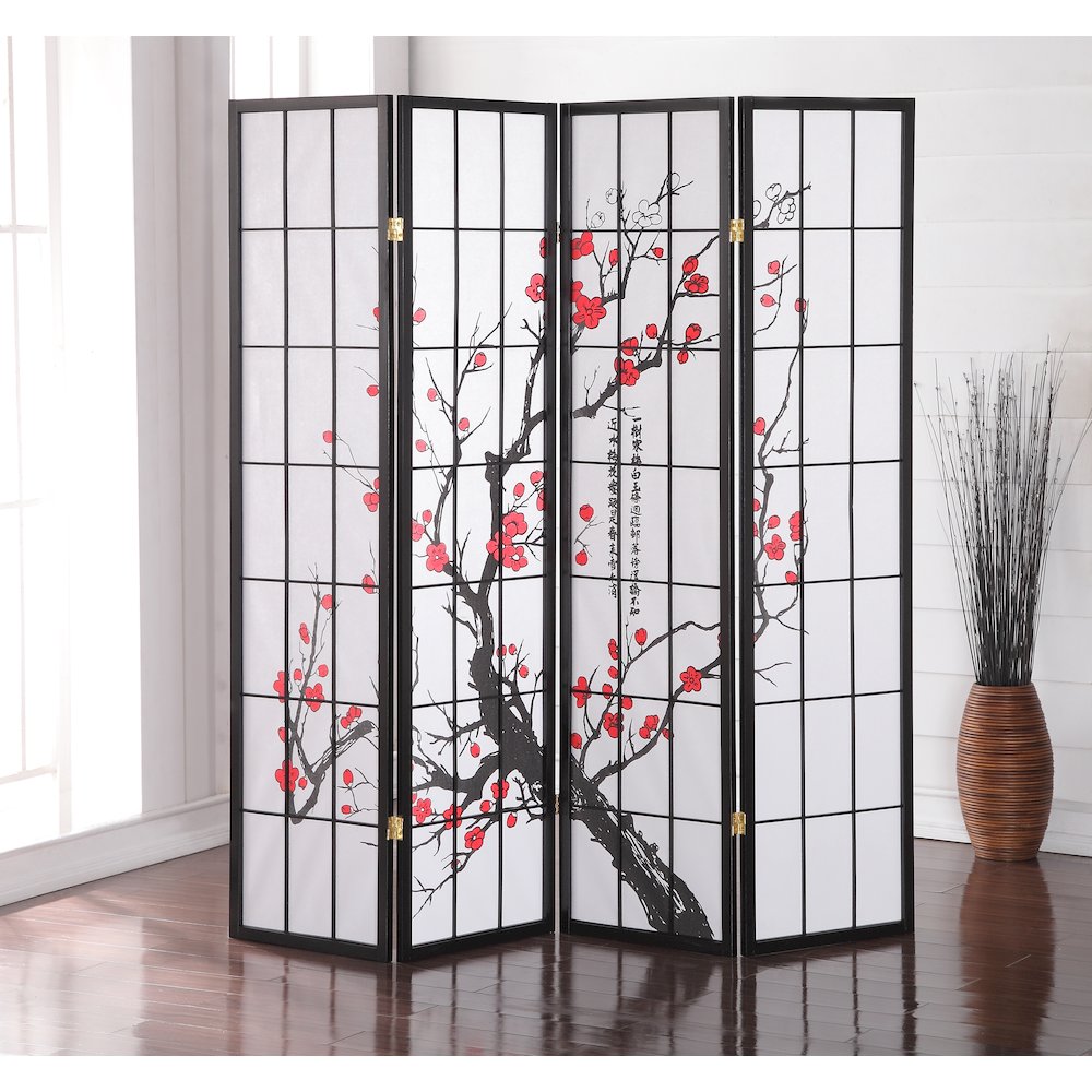 Julie Black Japanese 4-Panel Screen Room Divider, Plum Blossom. Picture 2