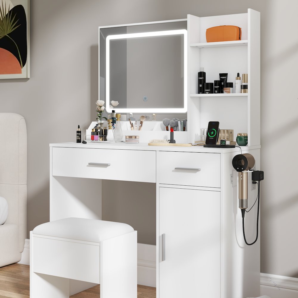 Makeup Vanity Set, Vanity Desk with Stool, LED Light Mirror, White. Picture 4