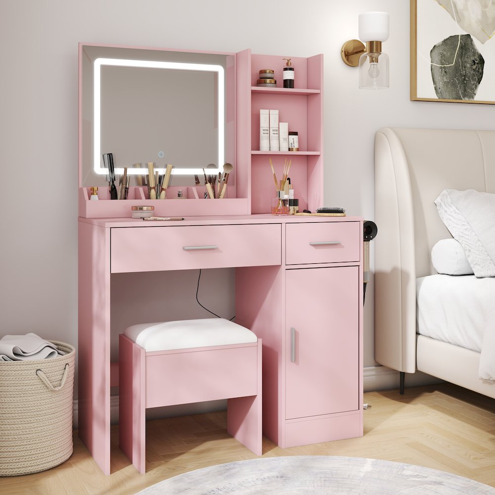 Makeup Vanity Set, Vanity Desk, Stool, LED Light Mirror, Pink. Picture 7