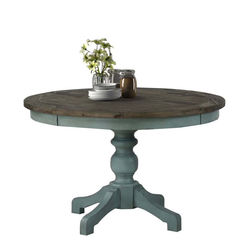 Prato Round Blue and Brown Two-Tone Finish Wood Dining Table. Picture 1