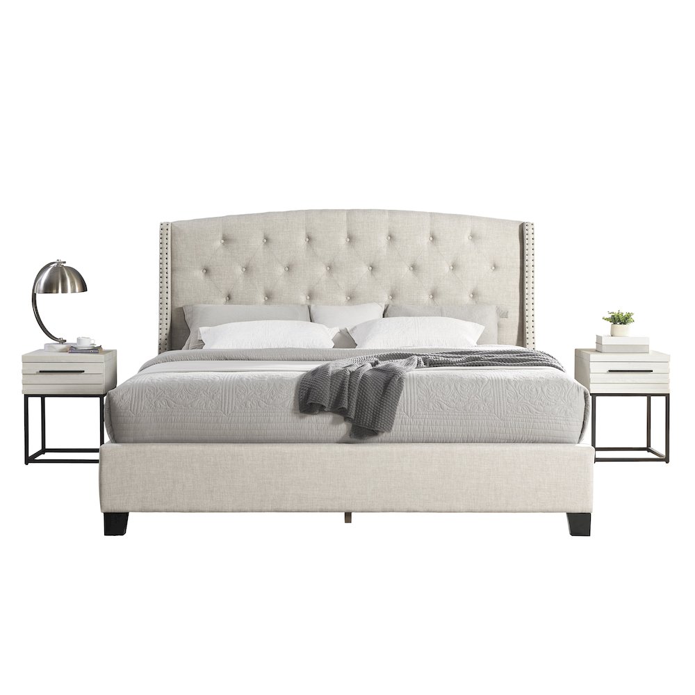 3-Piece Upholstered Bedroom Set, Tufted Wingback Bed, 2White Nightstands, Queen. Picture 1