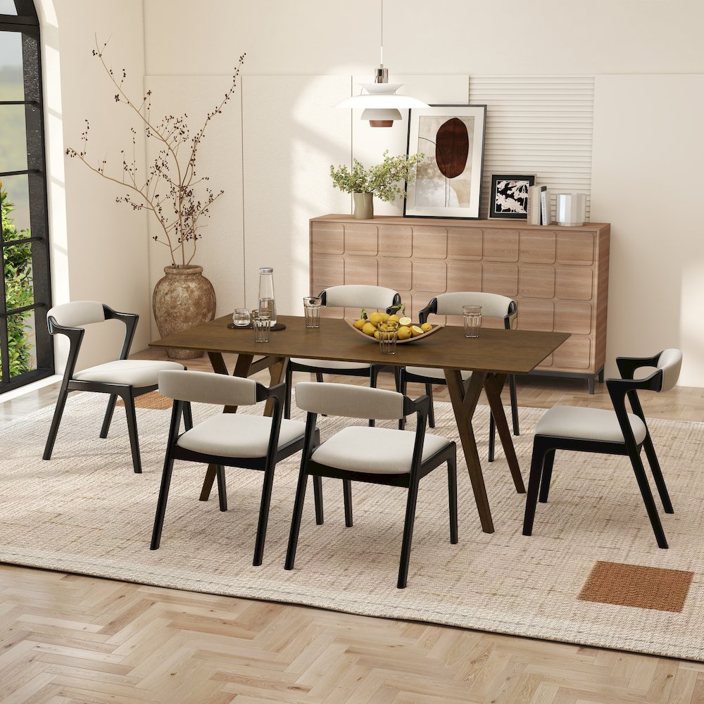 Modern 7-Piece Dining Set, Walnut Finished Dining Table with 6 Black Chairs. Picture 2