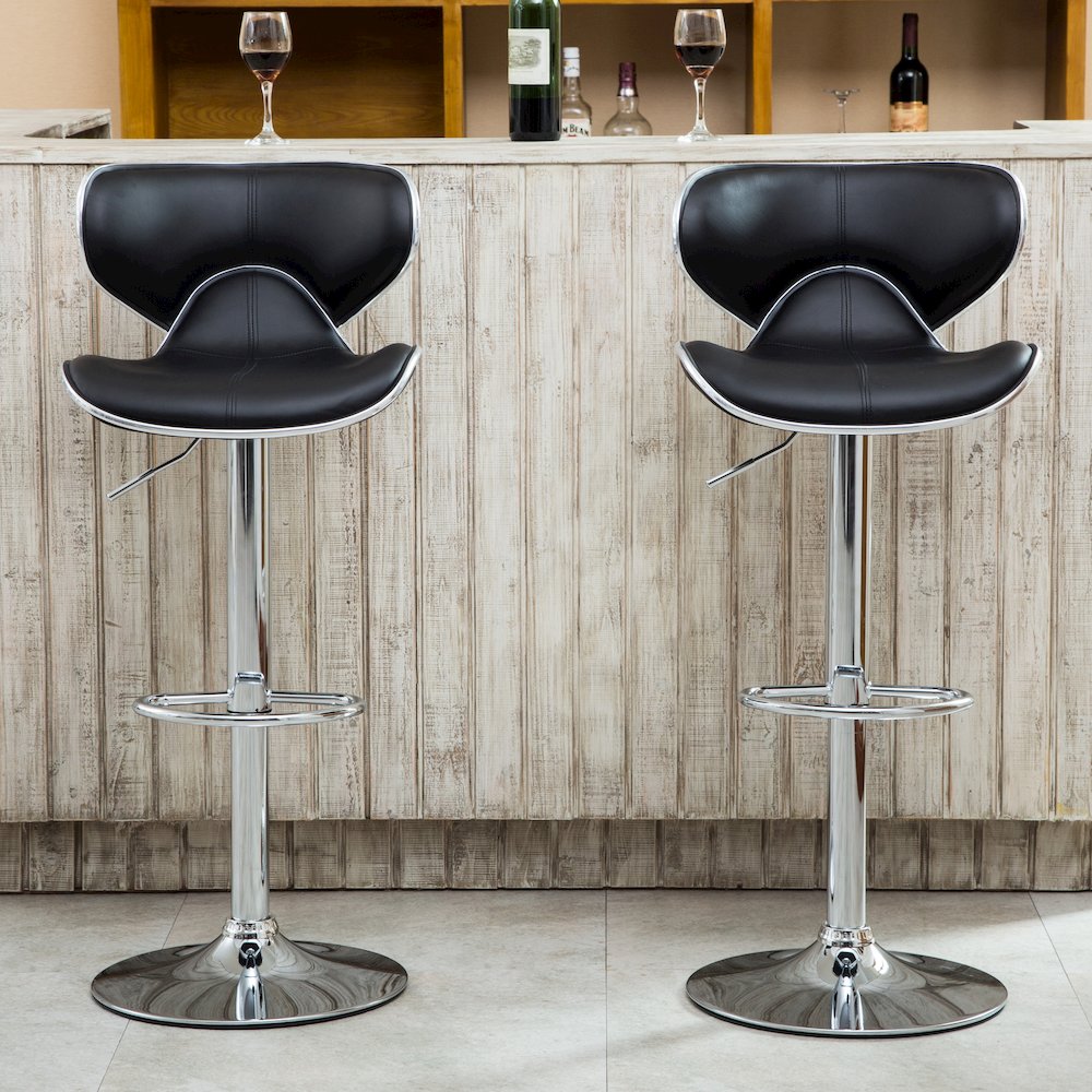 Masaccio Black Leatherette Adjustable Swivel Barstool Chrome Base, Set of 2. Picture 3