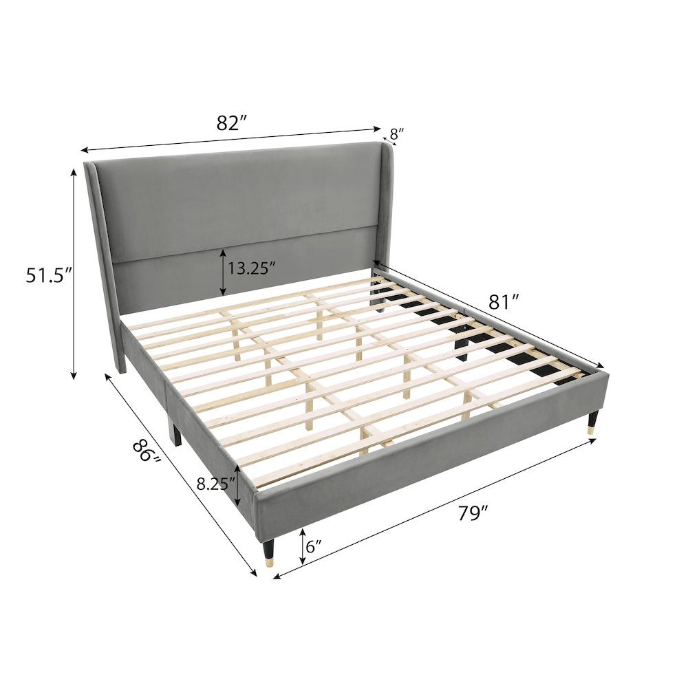 Rozitta Gray Velvet Wingback Platform Bed, King. Picture 3
