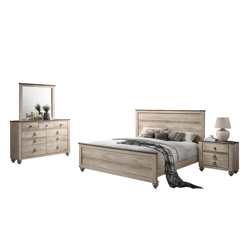 White Wash Finish 4-Piece Bedroom Set-Queen Bed, Dresser, Mirror, Nightstand. Picture 1