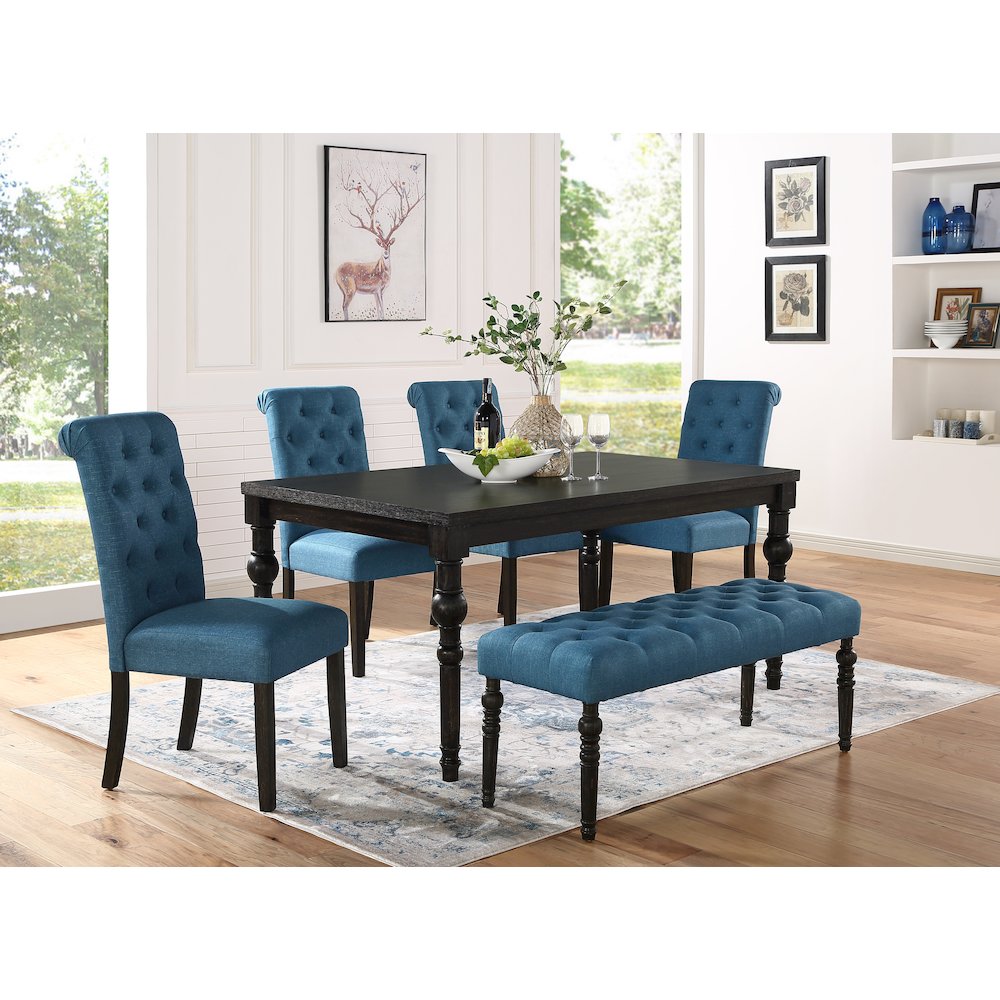 Leviton Urban Style Dark Wash Wood Dining Set: Table, 4 Chairs and Bench, Blue. Picture 2