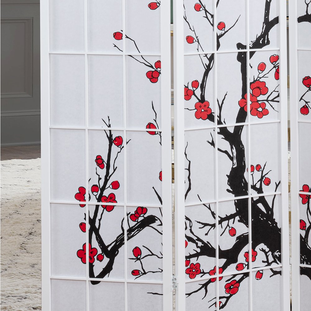 Elandra 4-Panel Room Divider, Plum Blossom Print, Privacy Screen, White. Picture 3