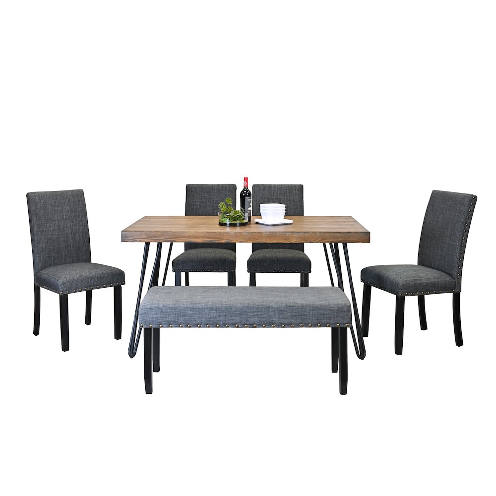 Amisos 6-Pc Dining Set, Hairpin Dining Table with 4 Chairs and Bench, Gray. Picture 1