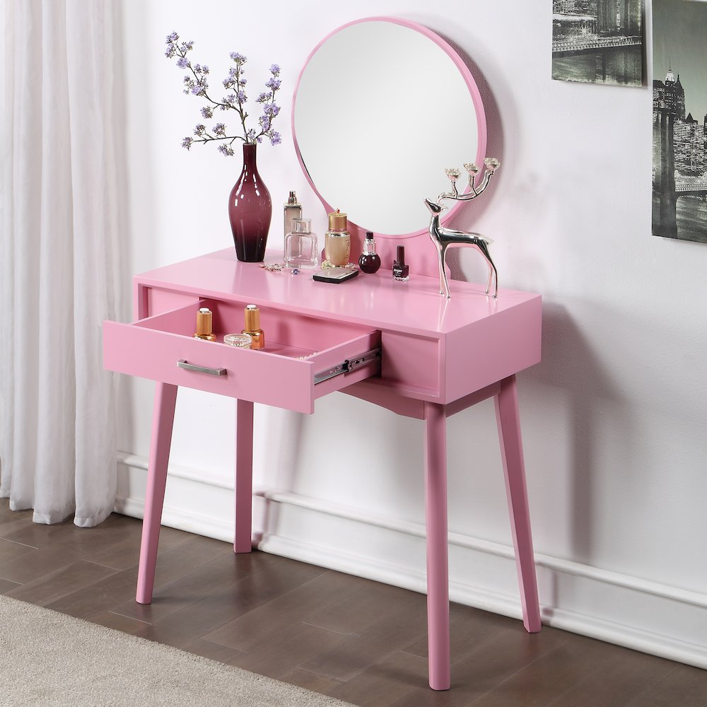 Maly Contemporary Wood Vanity and Stool Set, Pink. Picture 3