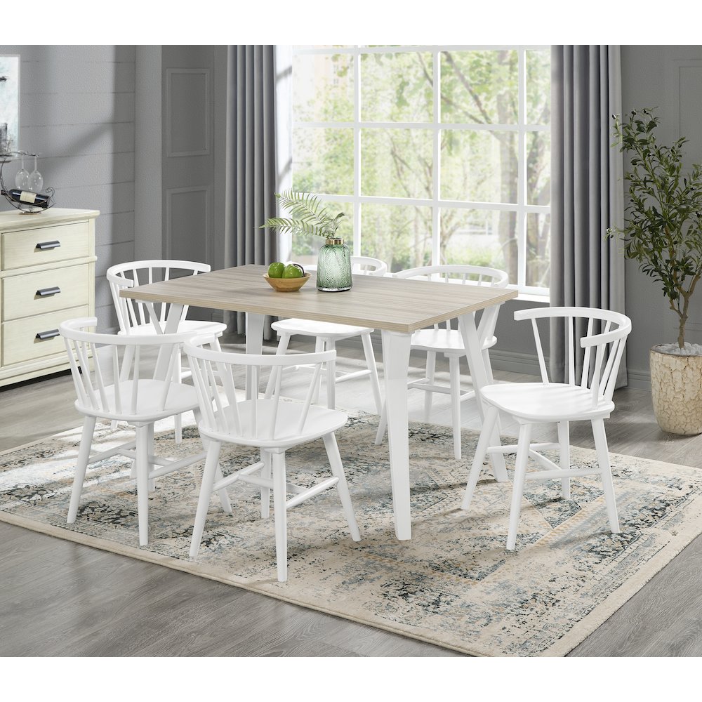 Alwynn White and Natural Wood 7-Pc Dining Set, Table with 6 Windsor Chairs. Picture 2