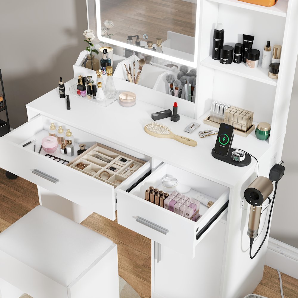 Makeup Vanity Set, Vanity Desk with Stool, LED Light Mirror, White. Picture 5